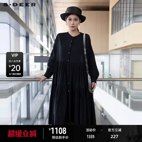 sdeer圣迪奥女装田园风圆领碎褶绣花衬衫连衣裙S24381216图片