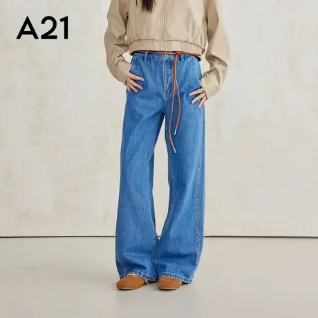 A21女装无弹高腰直筒长牛仔裤A21时尚微弹女士显瘦水洗阔腿长裤子商品大图