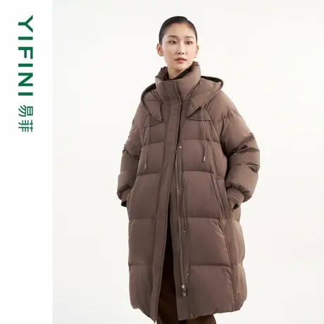 [专柜同款]Yifini/易菲白鹅绒加厚保暖宽松连帽中长款羽绒服女冬商品大图