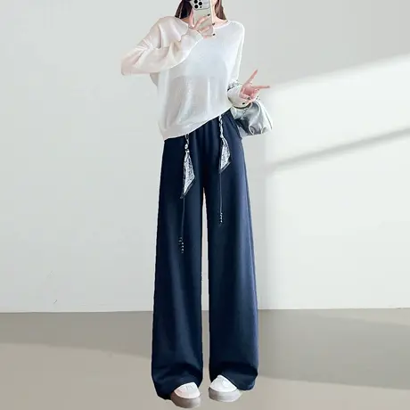 仿牛仔阔腿裤女秋季2025新款高腰宽松显瘦垂感直筒蓝色拖地休闲裤图片