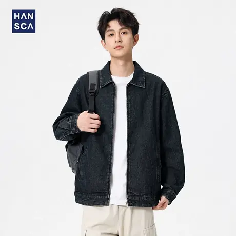 hansca秋季美式复古牛仔外套男2025新款宽松水洗蓝色拼接翻领夹克商品大图