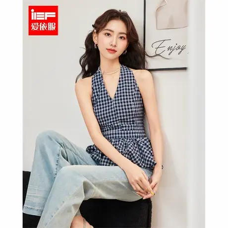 IEF/爱依服2025夏季新款法式甜美纯欲风系带挂脖设计格子背心上衣商品大图