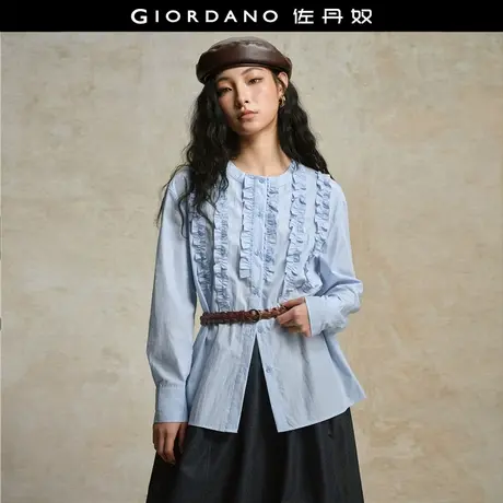 设计师款佐丹奴肌理感宽松衬衫女装拼接花边圆领长袖衬衣18345703商品大图