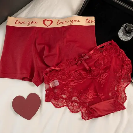 红运简心~情侣内裤本命年一男一女喜庆结婚蕾丝红色三角裤平角裤图片