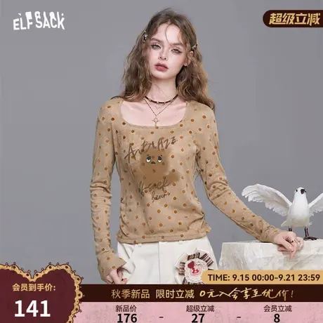 妖精的口袋波点印花u领长袖t恤女2025年早秋新款修身显瘦薄款上衣商品大图