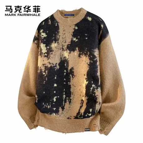 马克华菲美式圆领套头毛衣男士2025新款秋季内搭打底衫破洞针织衫图片