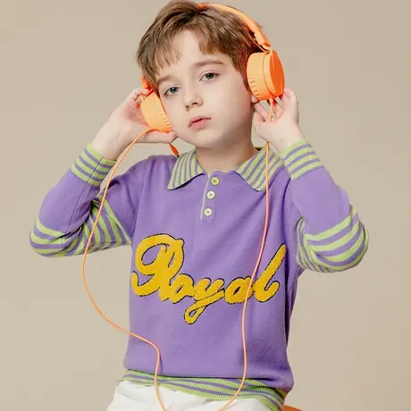 Q恒源祥男童羊毛衫翻领套头条纹字母秋冬款儿童针织衫男外穿毛衣图片