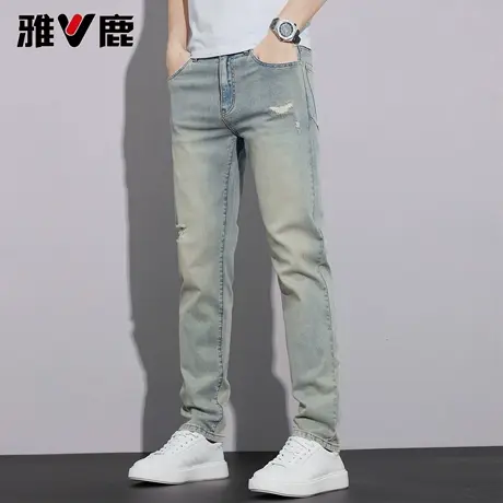 雅鹿2026春季新款直筒磨毛破洞水洗牛仔裤男青年时尚美式高街长裤图片
