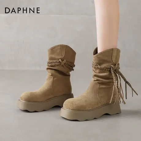 达芙妮中筒短靴女2025秋冬新款流苏厚底靴子女鞋法式时尚堆堆靴女图片