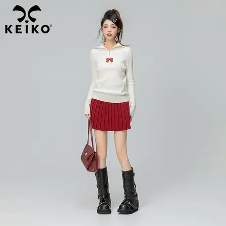 KEIKO 半拉链Polo领针织衫2023秋冬设计感软糯翻领修身毛衣打底衫商品大图