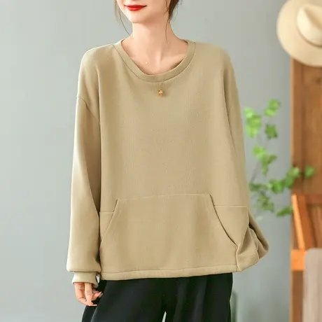 dza 复古纯色休闲长袖卫衣女秋冬内搭口袋显瘦上衣宽松圆领外套女商品大图