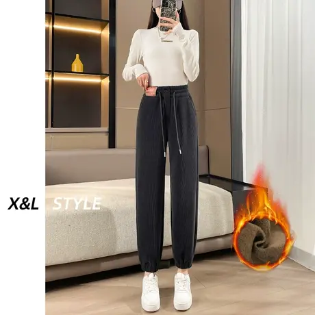 黑灰色加绒运动裤女秋冬季2023新款束脚卫裤显瘦小个子九分休闲裤商品大图