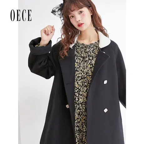 【买1送1】Oece冬新款女 学院撞色中长款呢子大衣冬毛呢外套商品大图