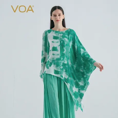 VOA桑蚕丝印花提花绿色圆领长袖尖角下摆设计感简约宽松真丝T恤图片