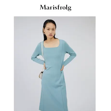 【天然亲肤系列】玛丝菲尔秋季蓝色方领针织长袖连衣裙图片