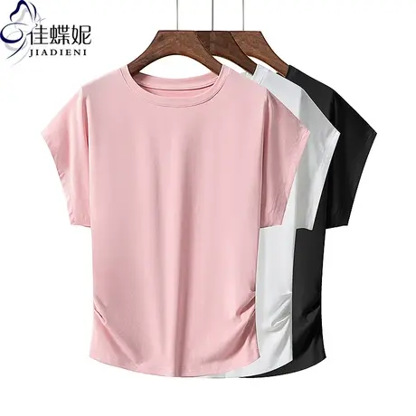 夏季新款韩版圆领宽松休闲纯棉纯色褶皱打底内搭短袖体恤上衣女装商品大图