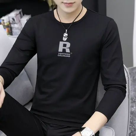 莫代尔新款长袖t恤男士秋装潮牌上衣服薄款修身黑色体恤男装潮流商品大图