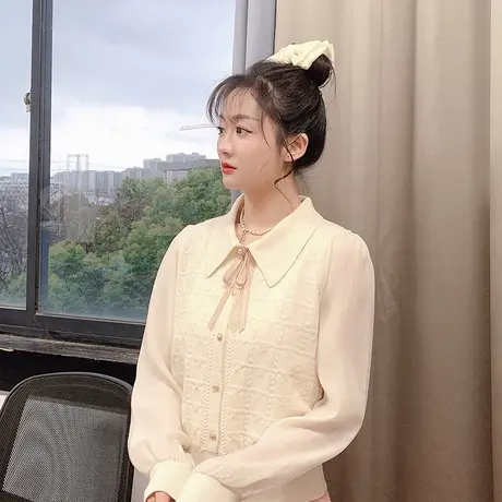 时尚气质拼接针织衫2023年秋季新款淑女温柔甜美减龄显瘦衬衫商品大图