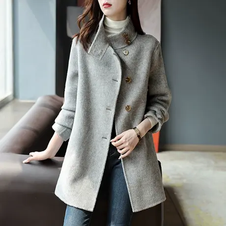 宝诗黎小立领单排扣中长款系带毛呢外套新款百搭显瘦上衣时尚秋装商品大图