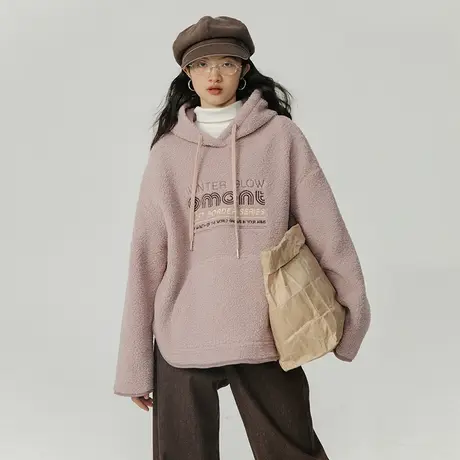 omont蛋挞家 羊羔毛连帽卫衣女秋冬2023新款复古宽松小个子卫衣商品大图