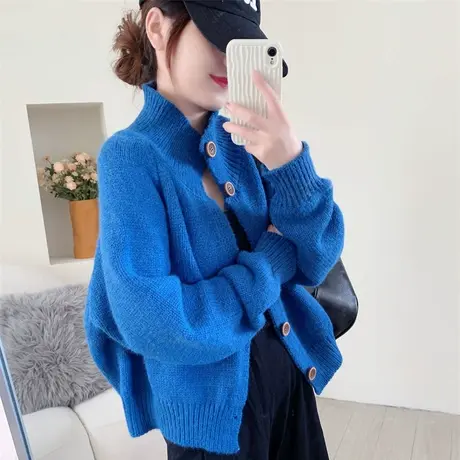 时尚气质木扣半高领毛衣开衫女秋季2023新款女装宽松针织外套上衣商品大图