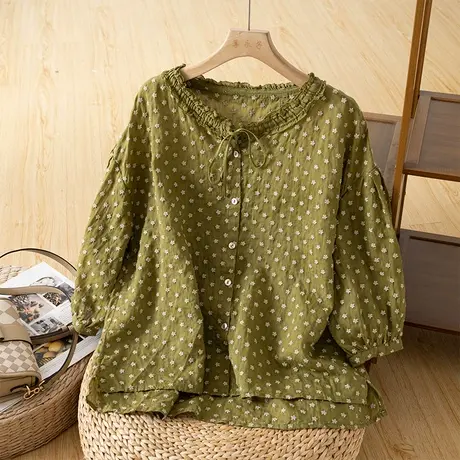 享永子七分袖波点苎麻衬衫女夏木耳边领棉麻上衣文艺复古2023新款图片