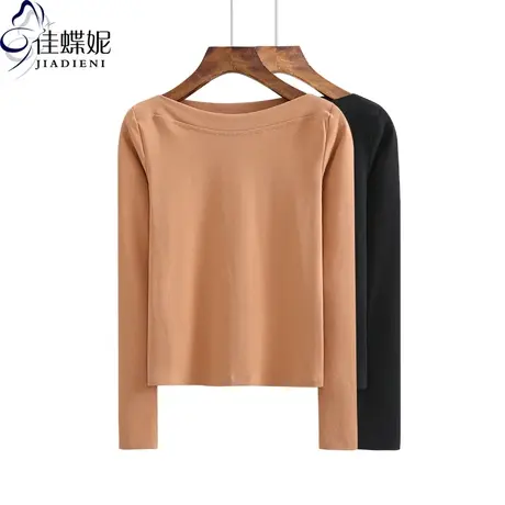 春秋性感一字领纯棉打底衫长袖体恤上衣纯色内搭女短款高腰T恤商品大图