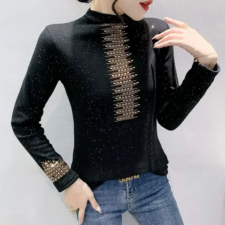 加绒加厚半高领打底衫女秋冬洋气烫钻T恤修身显瘦内搭长袖上衣商品大图