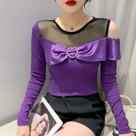 2024秋装新款性感露肩上衣女长袖气质内搭打底衫时尚网纱拼接T恤图片