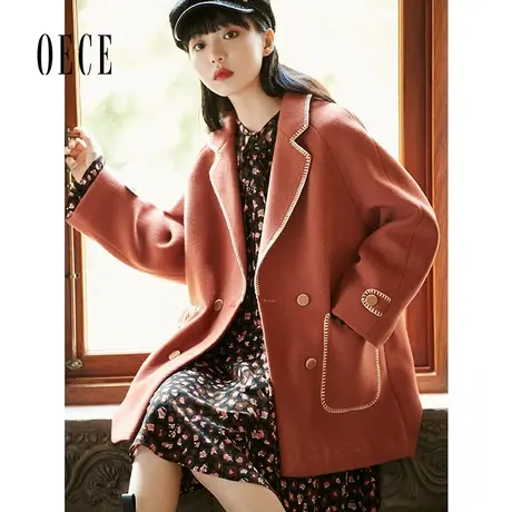 Oece复古呢大衣冬新款女学院风西装式中长款毛呢外套商品大图