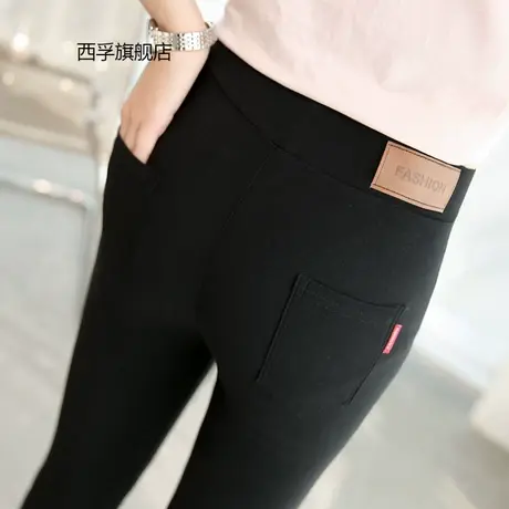 B132 秋季新款薄款贴皮梭织打底裤女士外穿黑色弹力九分小脚裤子图片