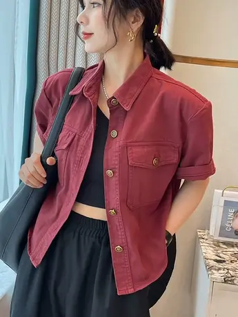 短款牛仔衬衫外套女2023夏季新款韩版时尚复古翻领设计感短袖上衣商品大图