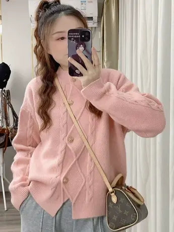 港味复古毛衣女2023春秋装温柔慵懒风麻花不规则针织开衫外套女商品大图