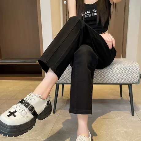 黑色窄版直筒休闲裤女春秋2023年新款高腰小个子九分烟管裤子春装商品大图