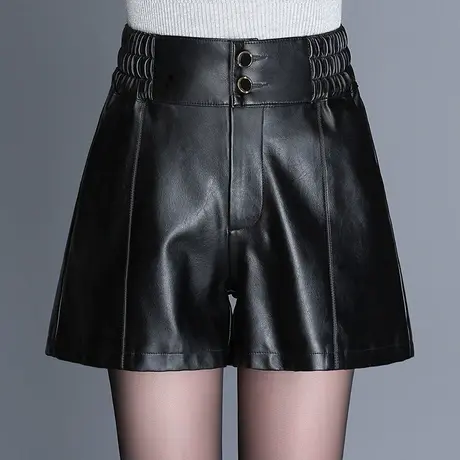 简约显瘦松紧腰PU皮短裤女外穿宽松休闲气质阔腿裤子2023秋冬新款商品大图