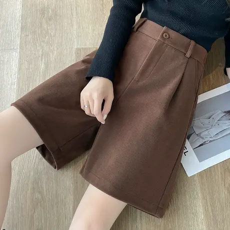 咖啡色毛呢短裤女秋冬外穿2023新款冬季高腰a字休闲小个子五分裤图片