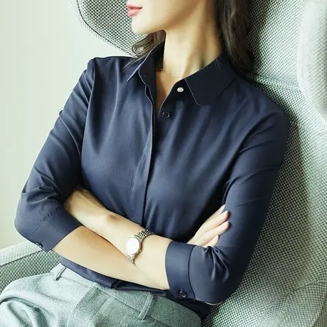 蓝色七分袖衬衣女职业装娃娃圆领ol正装气质工作服工装中袖衬衫商品大图