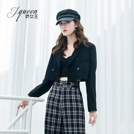 黑色短款小西装外套女秋季小个子宽松显瘦时尚露脐洋气炸街小西服商品大图