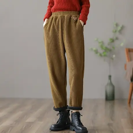 dza 高腰显瘦宽松加绒裤子女士冬季外穿休闲长裤哈伦复古裤直筒裤商品大图