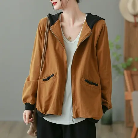 dza 复古秋季亚麻上衣女士短款连帽外套女装撞色休闲外搭棉麻开衫图片