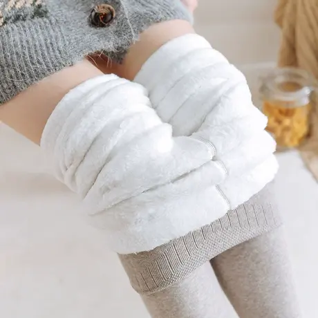 日系竖条纹保暖打底裤一体连脚显瘦棉浅灰色连裤袜加绒特厚秋冬女商品大图