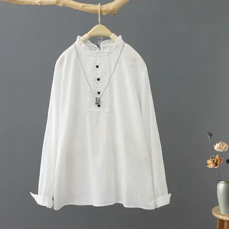 春装2024新款韩版木耳花边领长袖套头衬衫女宽松休闲打底上衣衬衣商品大图