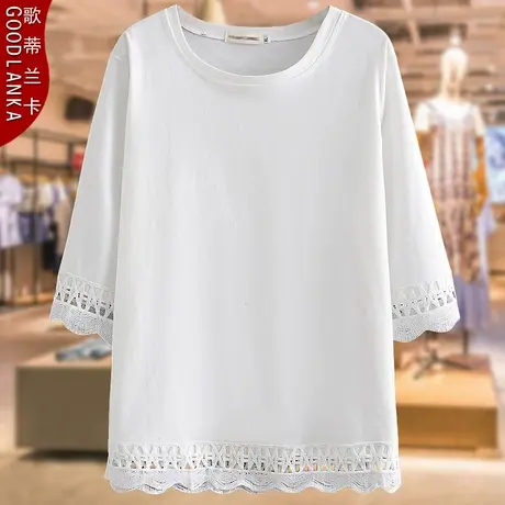 加肥加大码中年妈妈装夏季纯棉上衣200斤宽松洋气镂空七分袖T恤女商品大图