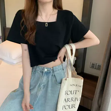 黑色短袖t恤女夏方领宽松短款新款高腰设计感露脐装上衣小个子潮商品大图