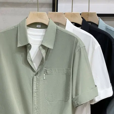 夏季宽松翻领半袖5五分短袖衬衫男生潮流百搭净色中袖衬衣外套商品大图