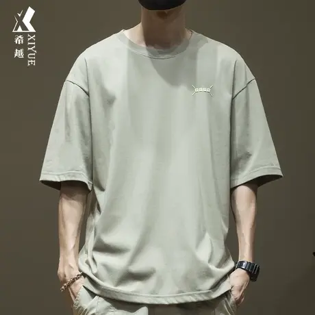 夏季冰丝滑料短袖t恤男纯色240g重磅宽松大码双纱印花半截袖上衣商品大图