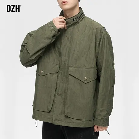男士休闲立领冲锋衣男款春秋隐藏连帽夹克军绿色宽松外套潮牌男装商品大图