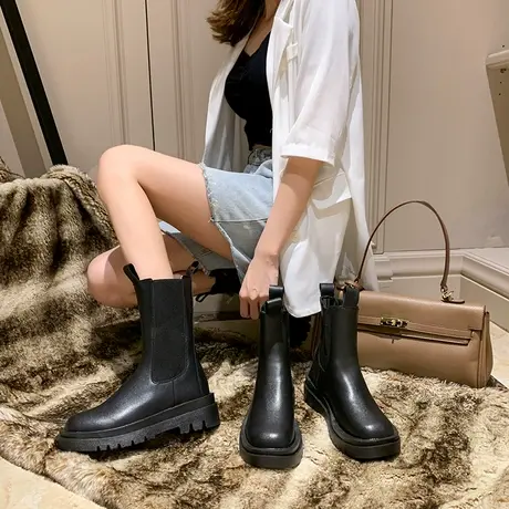 厚底皮靴切尔西短靴女马丁靴秋冬新款英伦风中筒靴网红mona同款鞋图片