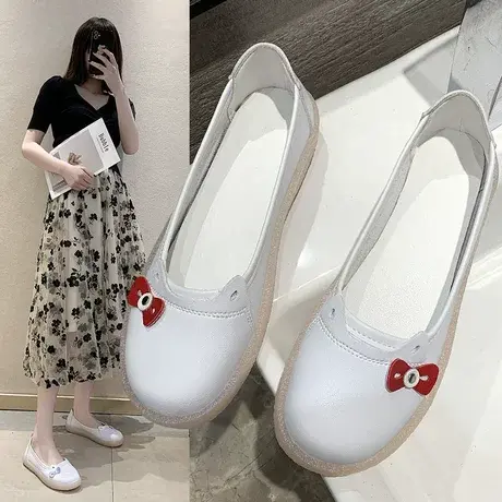 蝴蝶结单鞋女2023春夏新款百搭可爱果冻软底一脚蹬白色平底护士鞋商品大图