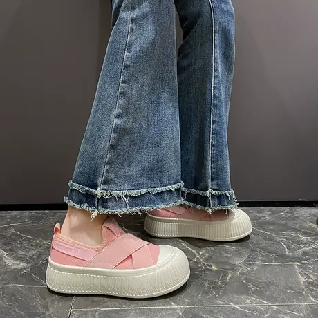 饼干鞋女飞织透气网面休闲鞋2024新款厚底圆头丑萌懒人套脚乐福鞋商品大图